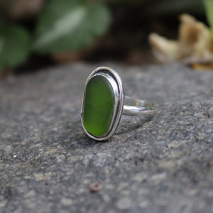 Handmade 925 Silver Genuine Olive Green Sea Glass Vintage Ring