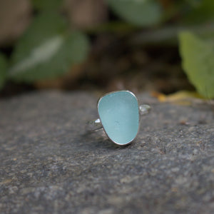 Handmade Simple 925 Silver Genuine Aqua Sea Glass Ring Vintage