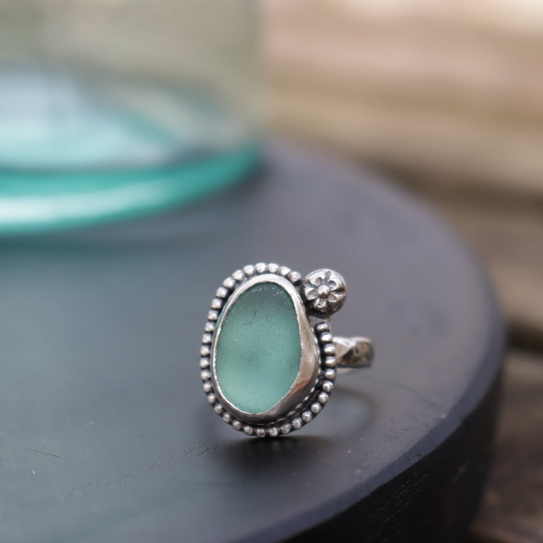 Handmade Vintage 925 Silver Genuine Aqua Sea Glass Ring