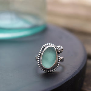 Handmade Vintage 925 Silver Genuine Aqua Sea Glass Ring