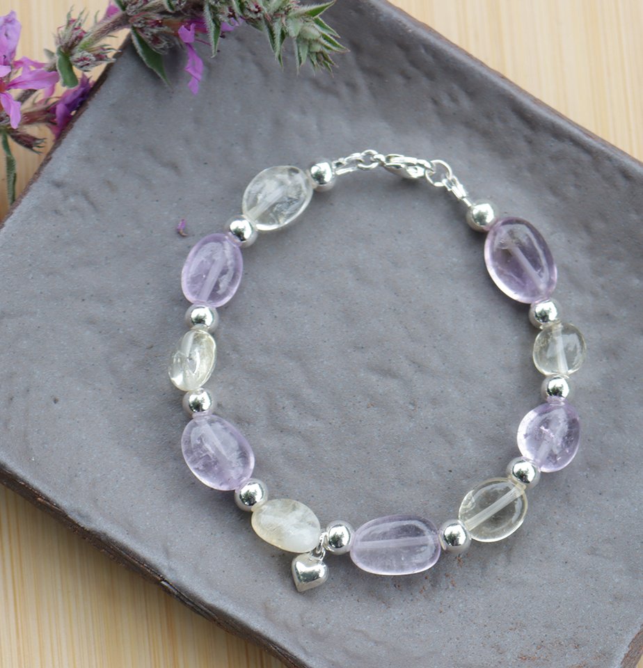 925 Sterling Silver Natural Citrines Amethyst Beaded Bracelet