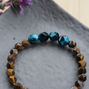 Natural Stone Brown Blue Faceted Tiger Eye Beaded Elastic Bracelet