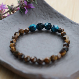 Natural Stone Brown Blue Faceted Tiger Eye Beaded Elastic Bracelet