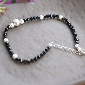 925 Sterling Cat Eye Frosted Silver Black Spinel Beads Bracelet