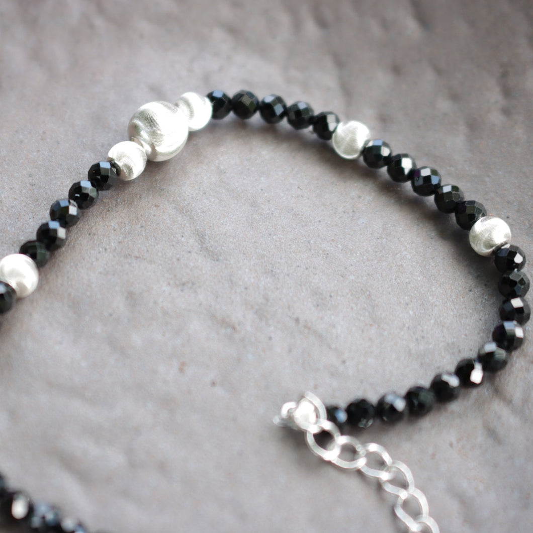 925 Sterling Cat Eye Frosted Silver Black Spinel Beads Bracelet