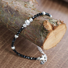 Load image into Gallery viewer, 925 Sterling Cat Eye Frosted Silver Black Spinel Beads Bracelet