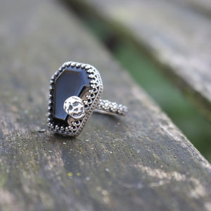 Handmade 925 Silver Black Coffin Obsidian Skull Ring Halloween Vintage