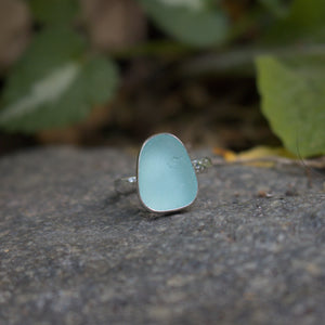 Handmade Simple 925 Silver Genuine Aqua Sea Glass Ring Vintage