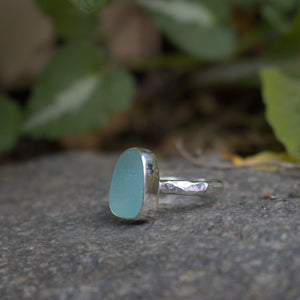 Handmade Simple 925 Silver Genuine Aqua Sea Glass Ring Vintage